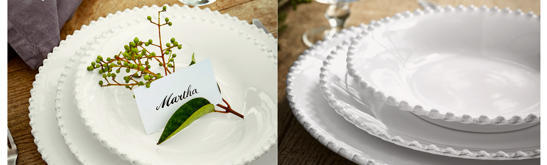 18・19世紀のヨーロッパの豊かな陶器のデザインにインスパイアされたパールホワイトシリーズ。パールのような粒がお皿のエッジを飾ります。